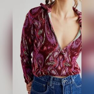 Free People NWOT Cherie Printed Long Sleeve Top in Wine
